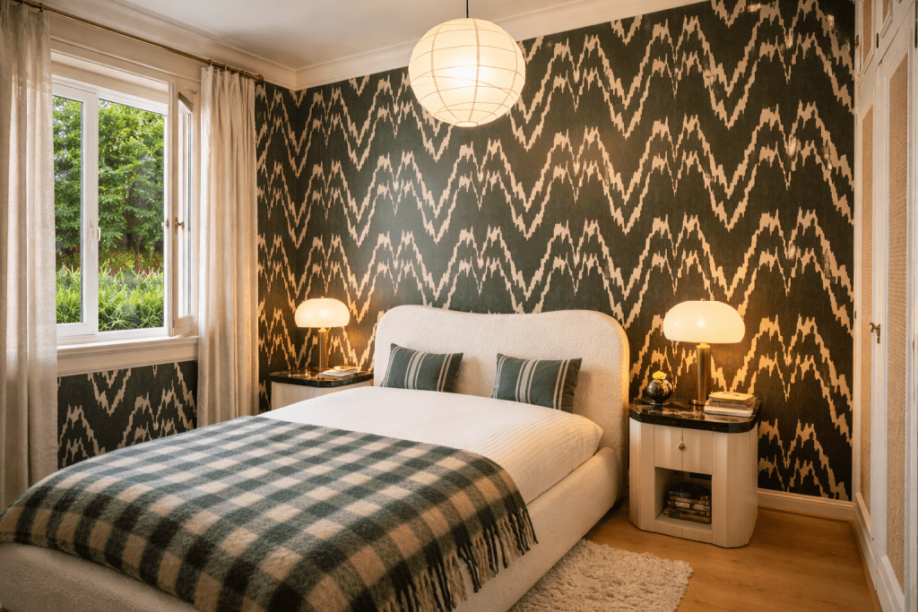 Quinta Paradiso bedroom with patterned wallpaper