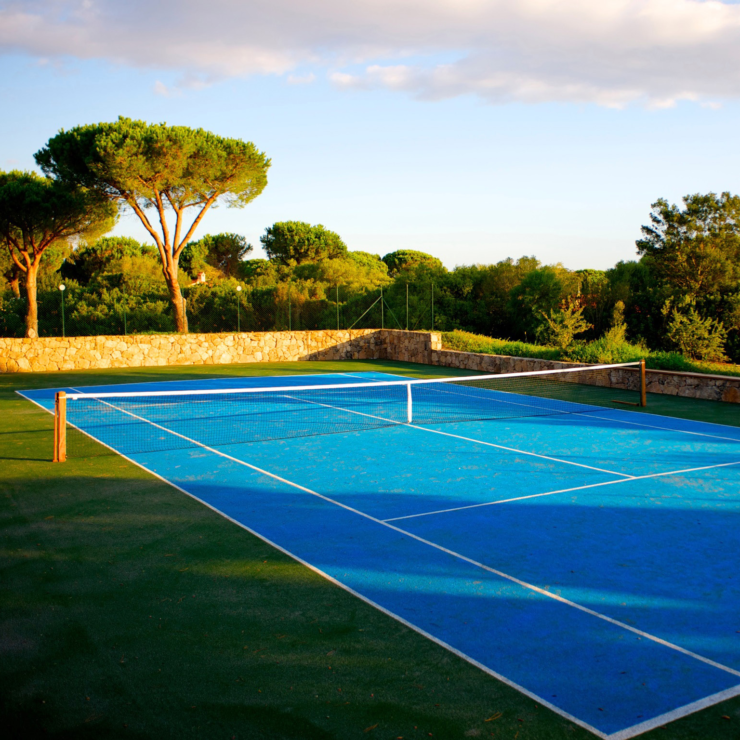 Private tennis court at Villa H2O, a home with a private court for rent in San Teodoro, Sardinia