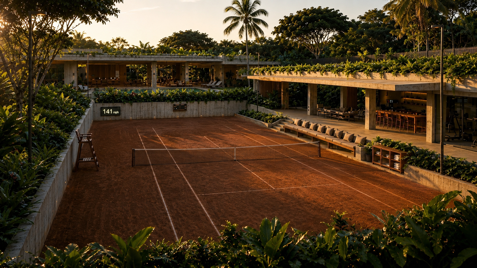 Concept rendering of a sunken red clay tennis court set below a pavilion and pool.