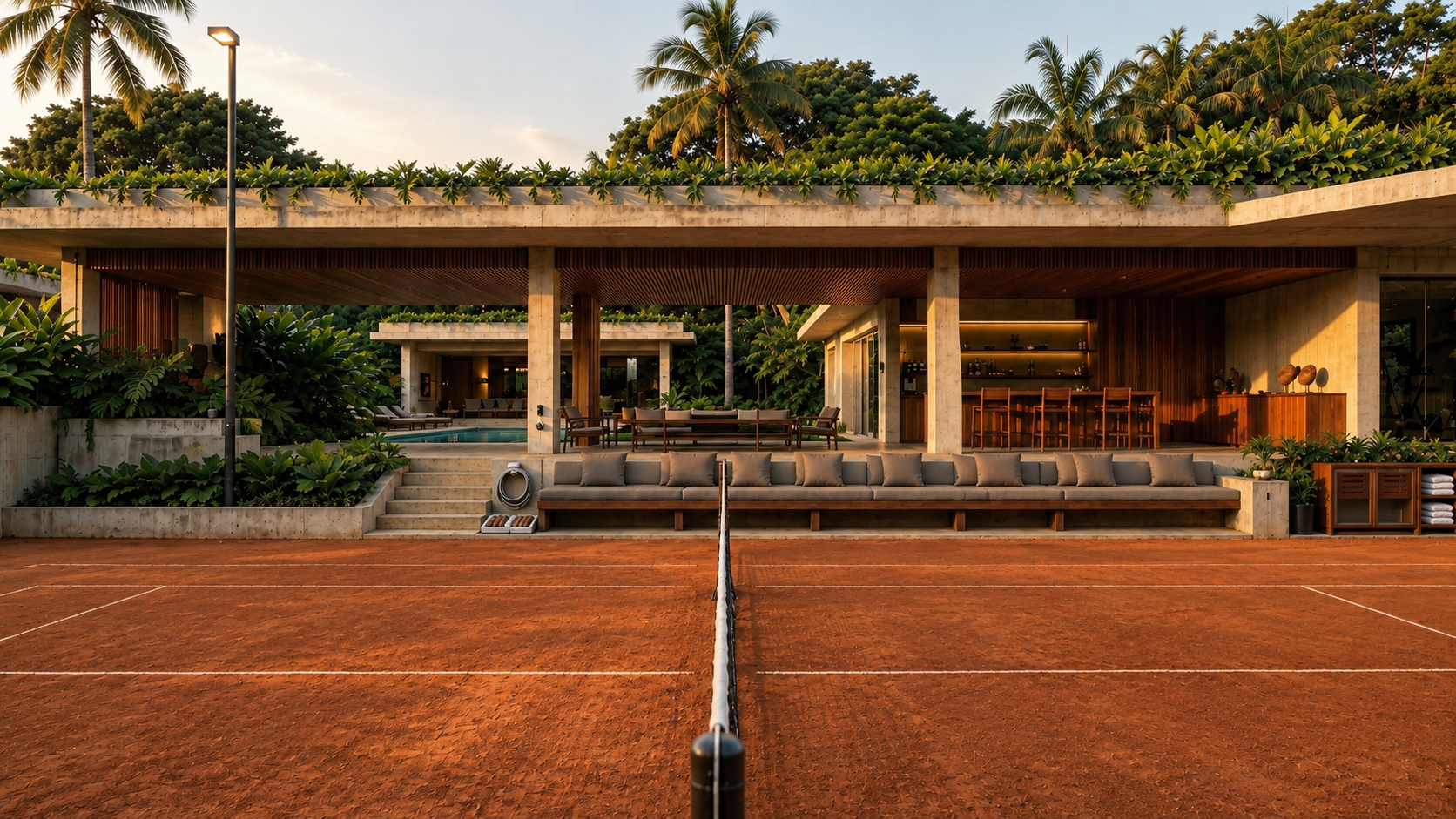 Concept rendering of covered courtside seating beside a red clay tennis court.