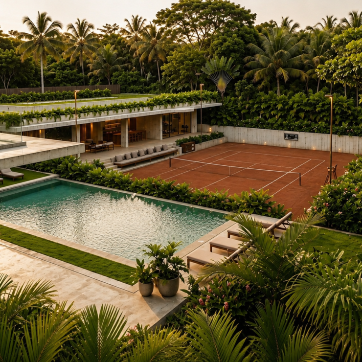 Concept rendering of a house, pool and sunken red clay tennis court arranged in sequence.