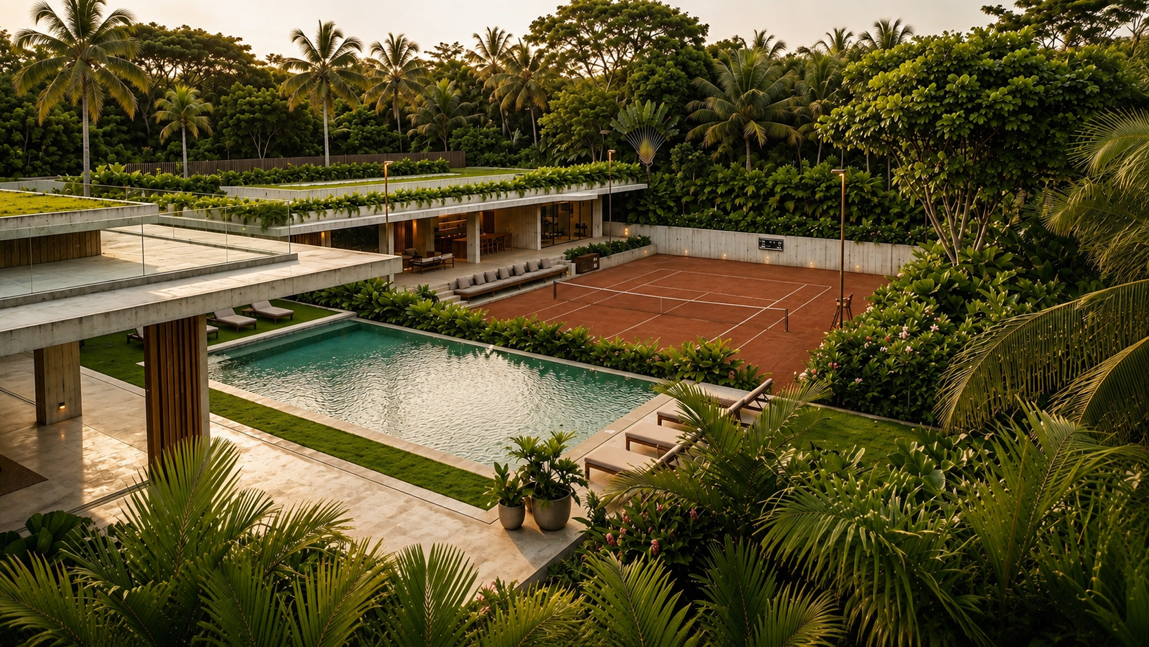 Concept rendering of a house, pool and sunken red clay tennis court arranged in sequence.