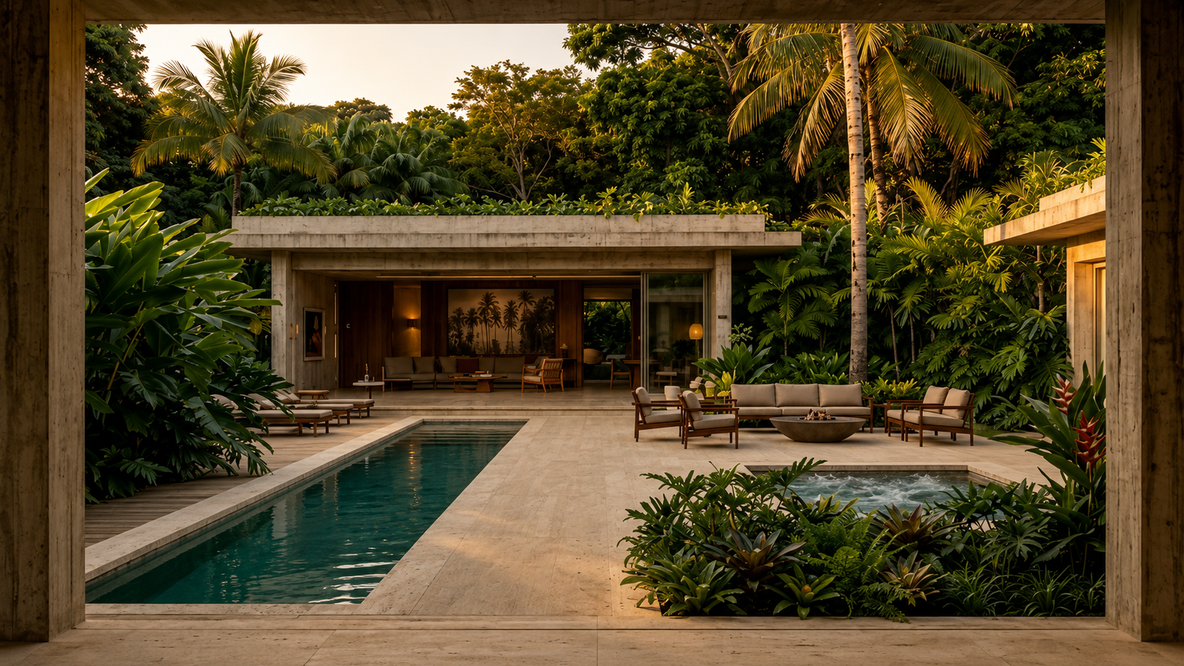 Concept rendering of a guest cottage with a saltwater pool and jacuzzi in a tropical landscape.