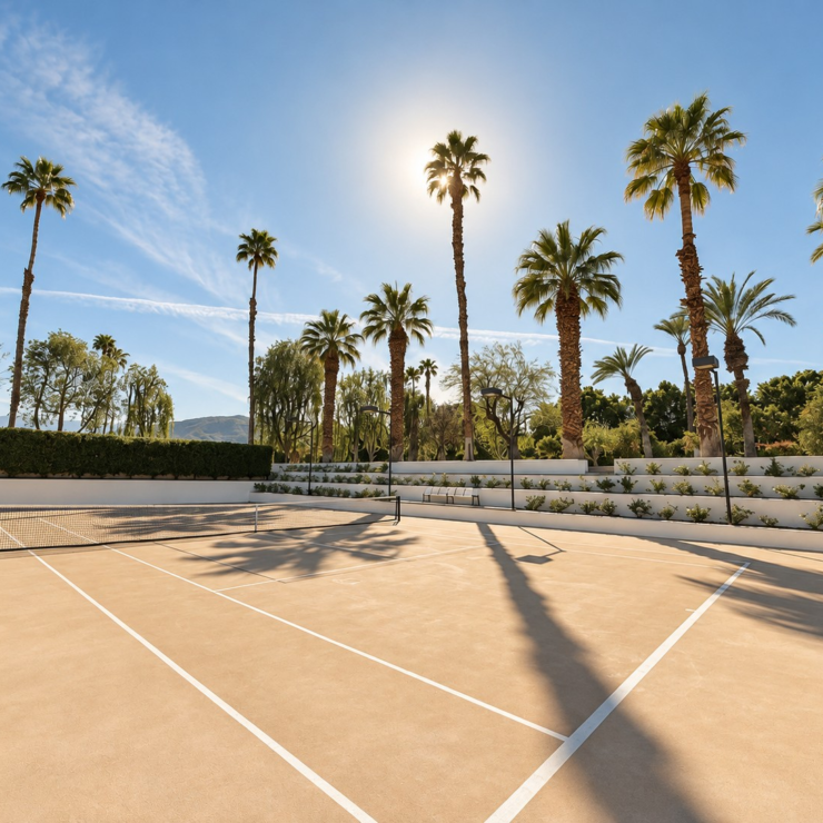 The sunken tennis court at Domus Atticus Estate in Rancho Mirage, with palms and terraced planting beyond