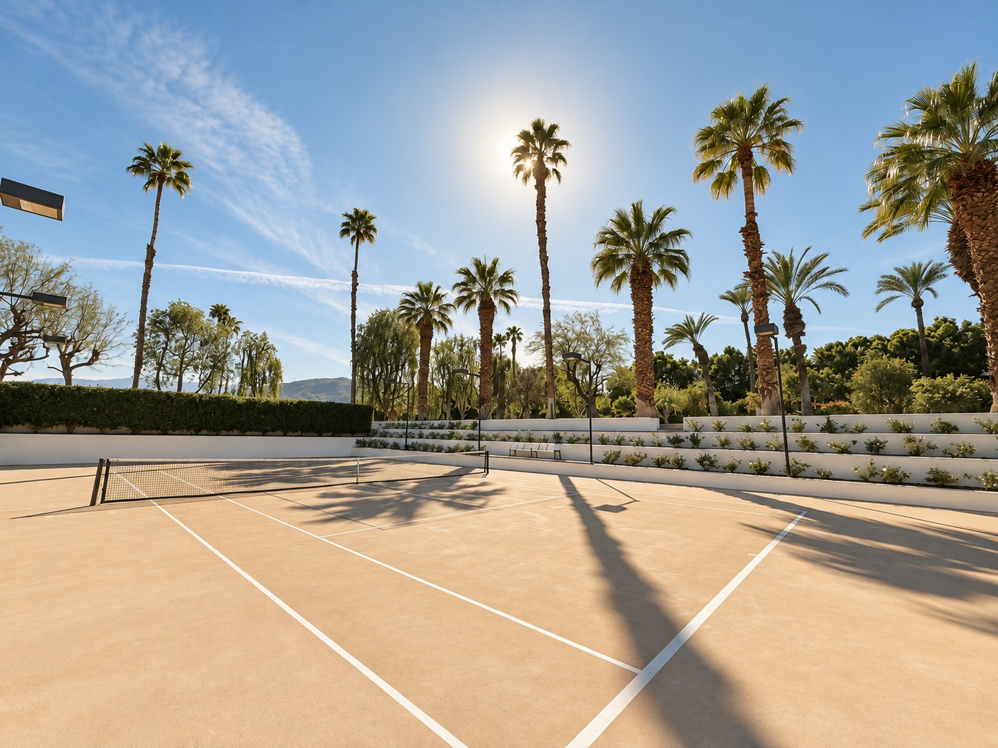 The sunken tennis court at Domus Atticus Estate in Rancho Mirage, with palms and terraced planting beyond